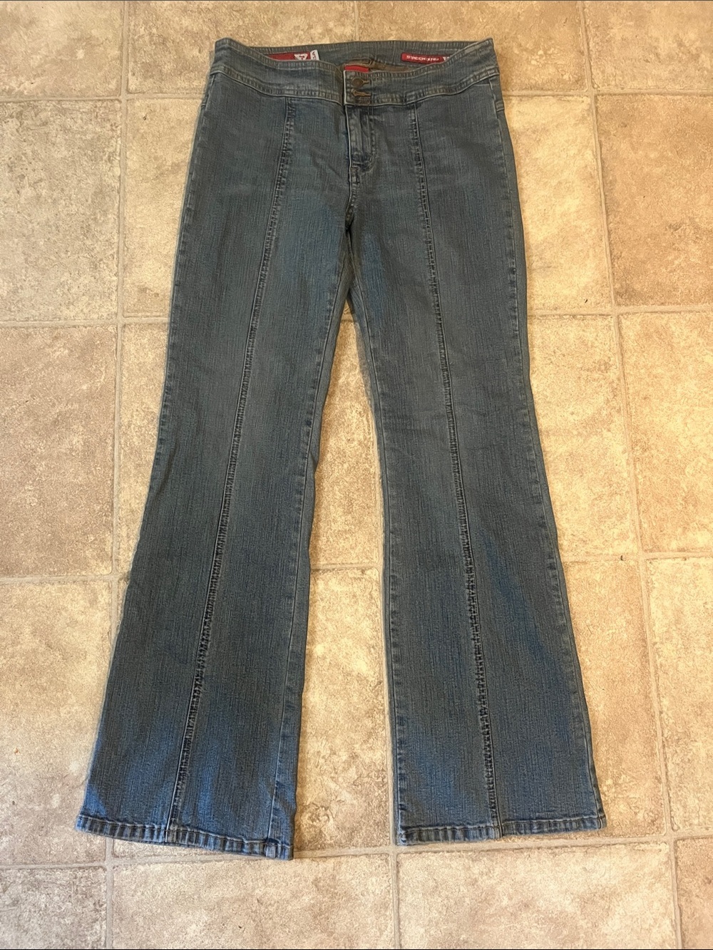 Vintage 90’s Mid Rise Flare Guess Jeans with Front Panel Seams Stretch Denim